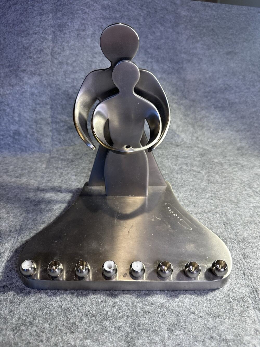 Vintage Brushed Pewter Menorah "Our Love" Sculpture by Giora Novak Signed